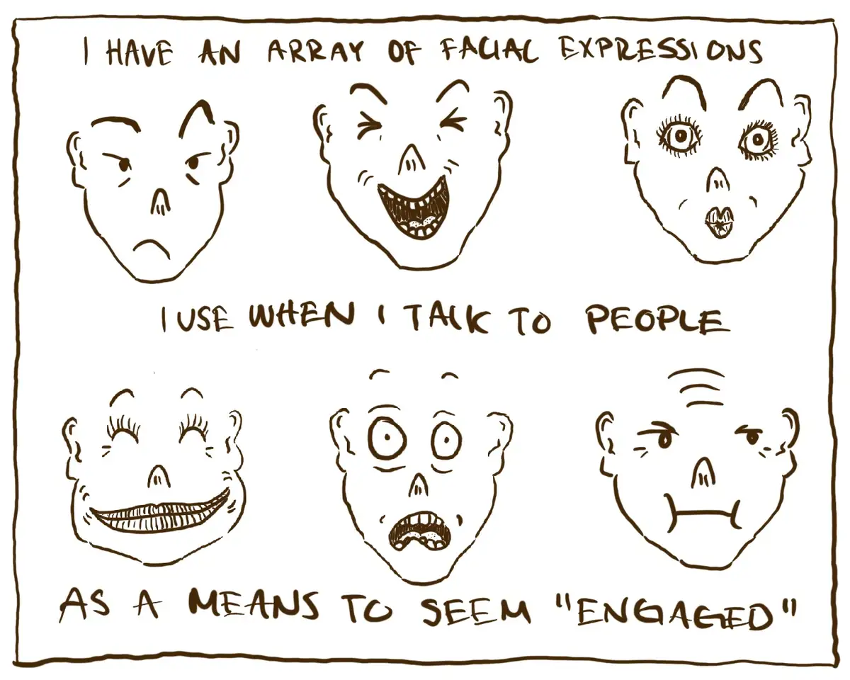 A hand-drawn comic shows six exaggerated cartoon faces arranged in two rows. The top row displays angry, laughing, and…