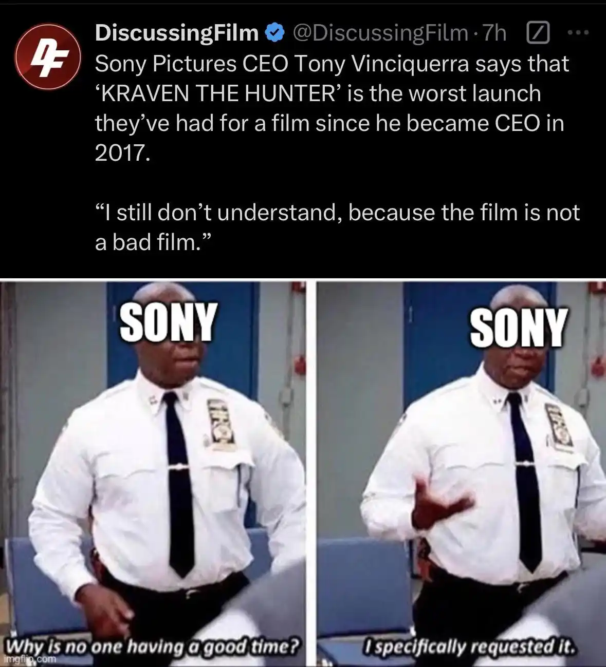 The image is a two-panel meme featuring a Black police officer in a white uniform with 'SONY' written over his head in both…
