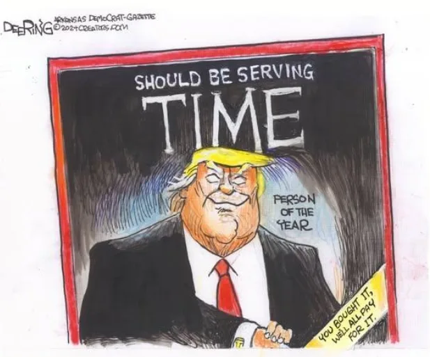 A political cartoon depicts a caricature of Donald Trump with a smug expression, wearing a black suit and red tie, framed as…