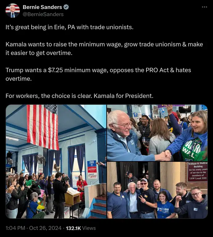A screenshot of Bernie Sanders' tweet showing three photos: one of him speaking to a crowd with an American flag, one of him…