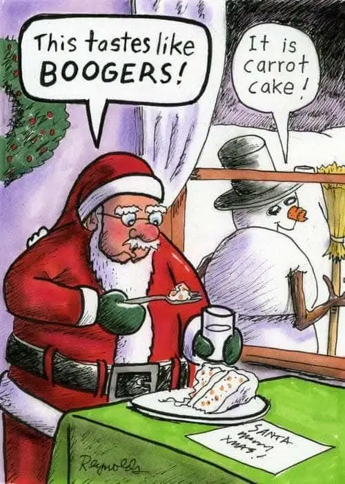 Santa Claus, wearing his red suit and glasses, sits at a table with a plate of carrot cake and a glass of milk, grimacing as…