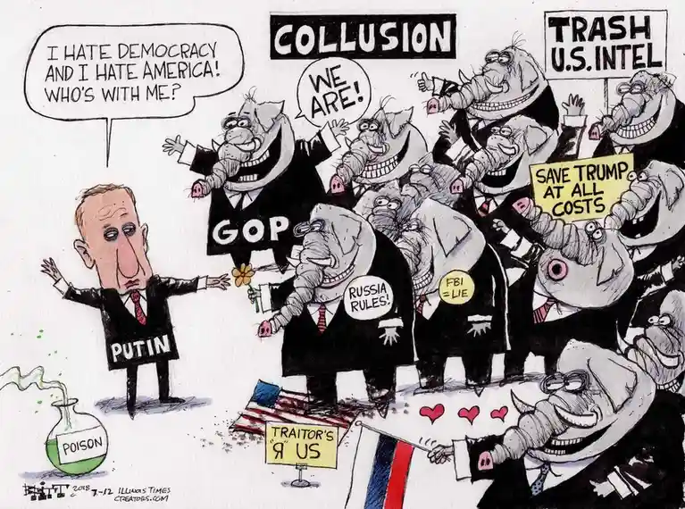 A cartoon depicts Vladimir Putin holding out a flower to a crowd of smiling elephants wearing suits and holding signs. Putin…