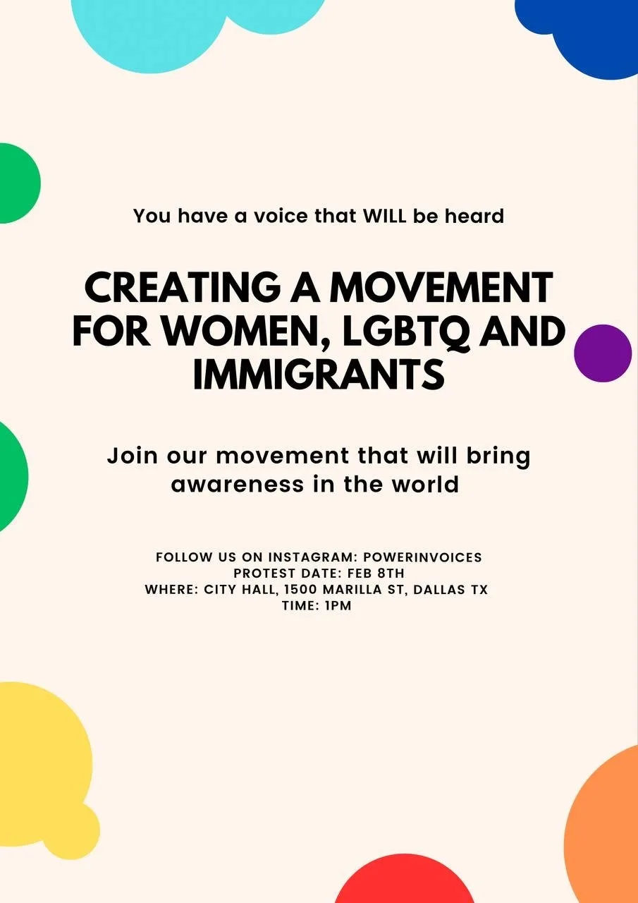 A colorful protest flyer with pastel background and multicolored circles, promoting a movement for women, LGBTQ, and…