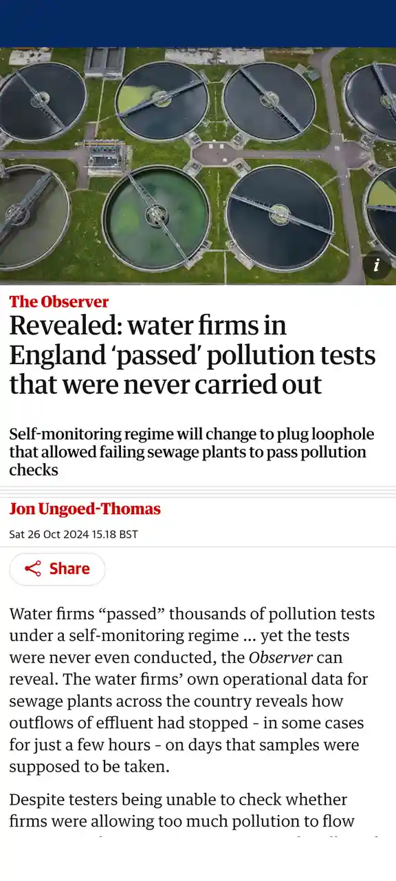 An aerial view of circular sewage treatment tanks with greenish water, overlaid with a news article headline from The…