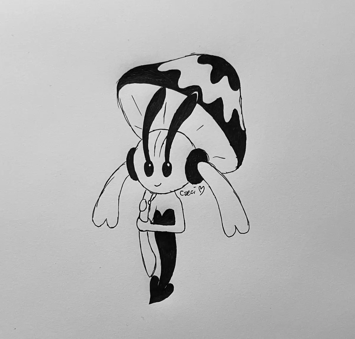 A black-and-white hand-drawn cartoon character with a cow-print hat, large eyes, and long ears, wearing headphones and…