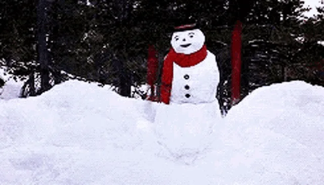 A snowman wearing a red scarf and black hat is shown in a sequence of frames throwing snowballs. In the first frame, it…