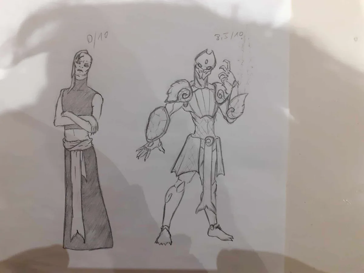 A pencil sketch shows two character designs side by side. The left figure is a simple, plain-looking humanoid with arms…