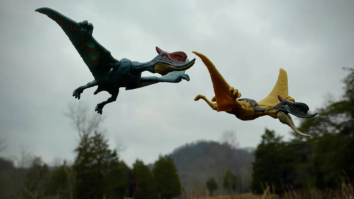 Two plastic pterosaur toys are posed mid-air against a cloudy sky and blurred forest background, appearing to confront each…