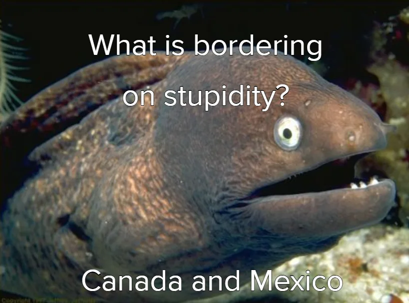 A close-up photo of a brown moray eel with a wide-open mouth and large, round eye, set against a dark underwater background…