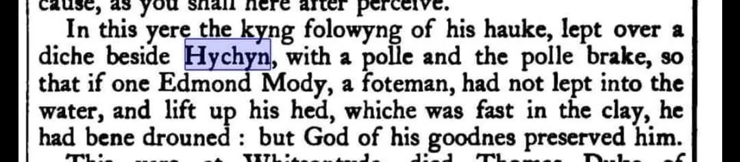 A close-up of an old, typewritten text passage with the word 'Hychyn' highlighted in blue. The text is in archaic English…