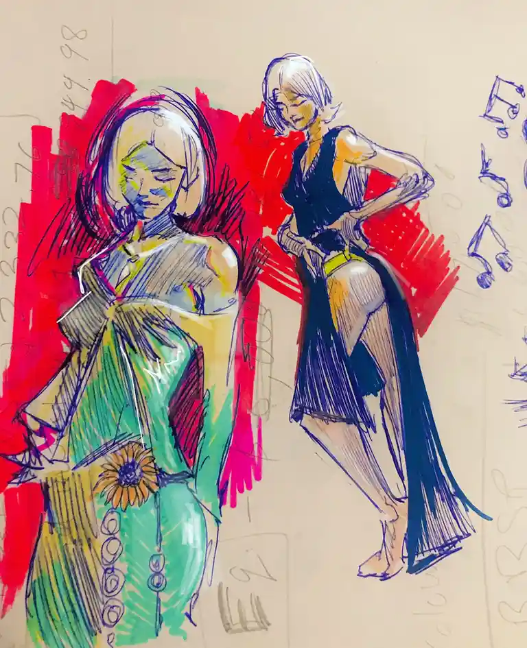 A colorful, sketch-style drawing shows two women in fashionable outfits, one in a green dress with a sunflower and the other…
