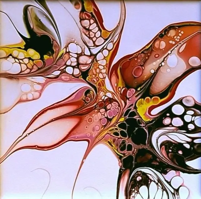 An abstract painting featuring swirling, organic shapes in red, black, yellow, and white, resembling a flower or explosion…