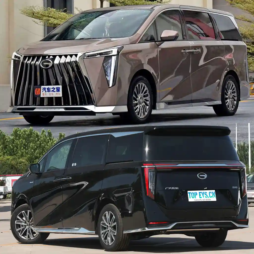 The image displays two views of a luxury minivan: a front three-quarter view of a brown Guangzhou Auto M8 and a rear…