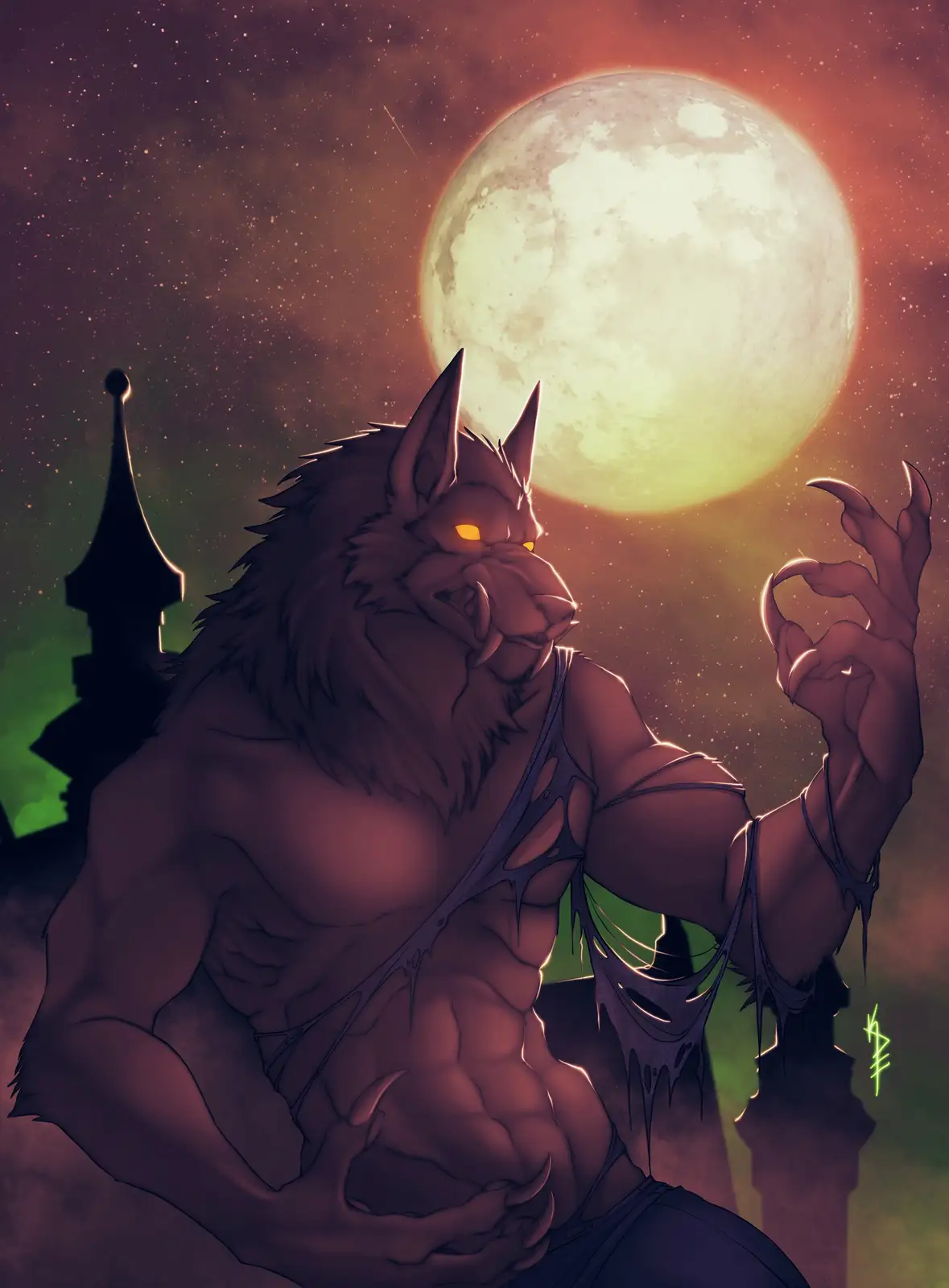 A muscular, anthropomorphic werewolf with glowing yellow eyes and sharp claws stands against a backdrop of a large, full…
