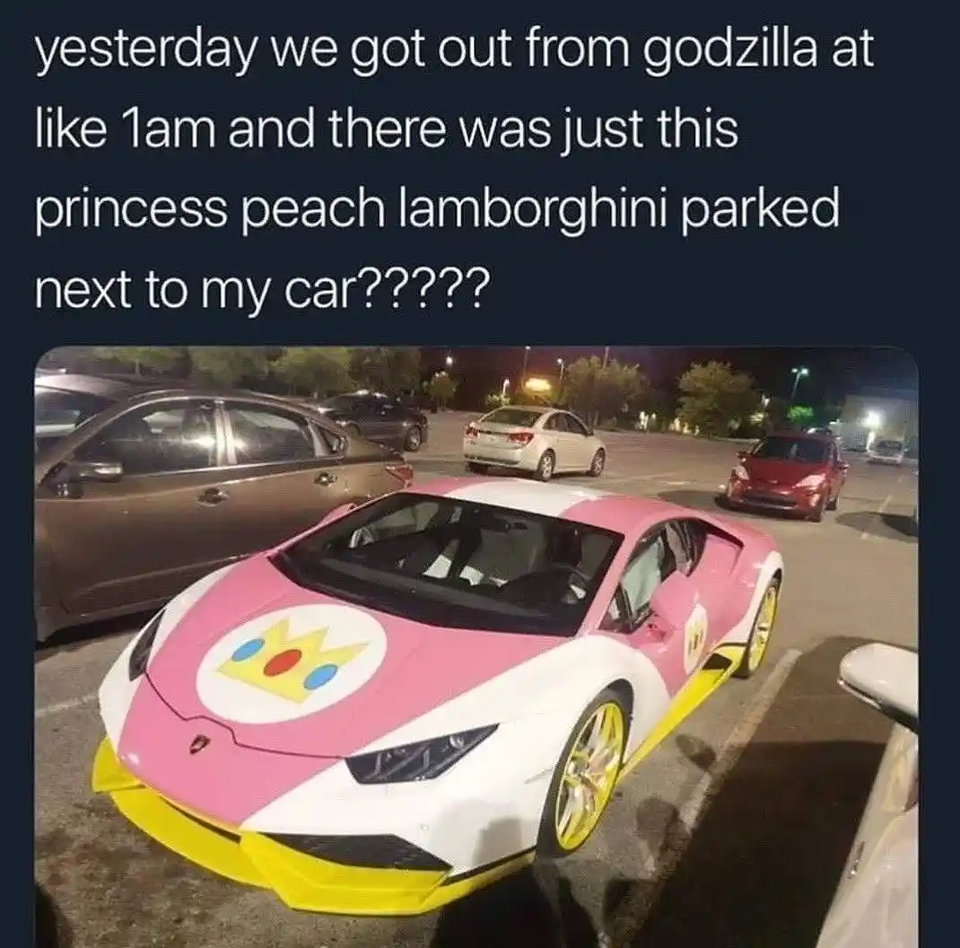 A nighttime parking lot photo shows a Lamborghini sports car painted pink and white with a Princess Peach crown logo on the…