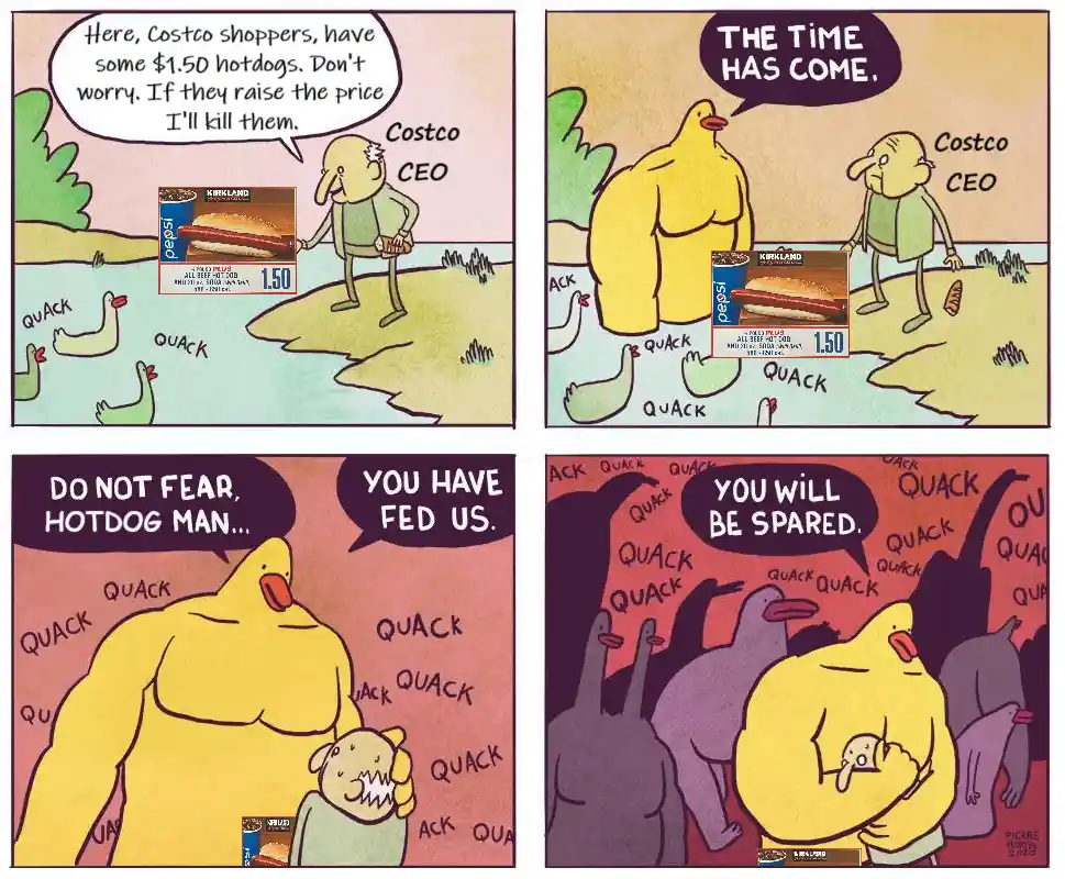 A four-panel comic strip shows a Costco CEO offering $1.50 hotdogs to ducks, threatening to kill them if prices rise. A…