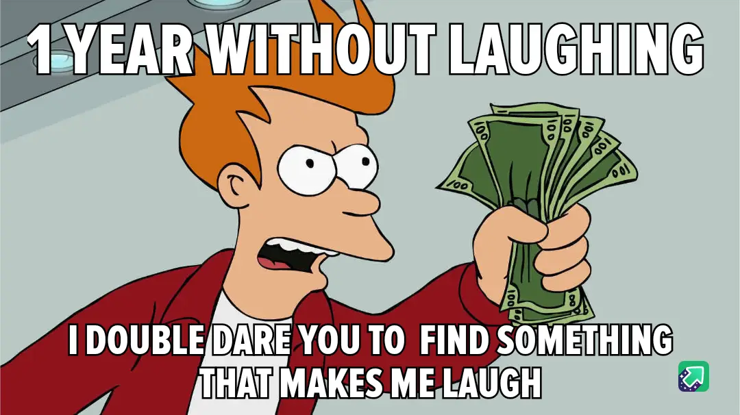 A cartoon man with spiky orange hair and a red jacket holds a fan of $100 bills while looking shocked. The text overlaid on…