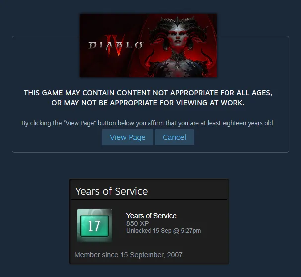 The image displays a Steam game age rating prompt for Diablo IV, featuring artwork of a demonic female character. Below it…