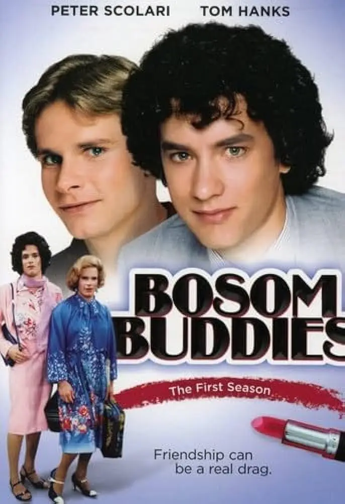 This image is a TV show poster for 'Bosom Buddies' Season 1, featuring actors Peter Scolari and Tom Hanks in the foreground…