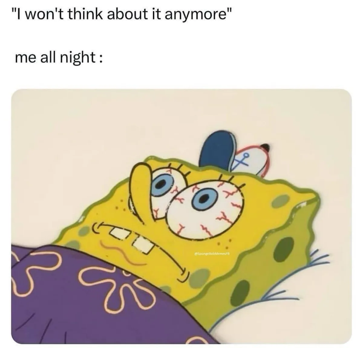 The image shows the cartoon character SpongeBob SquarePants lying in bed under a purple blanket, wide-eyed and visibly…