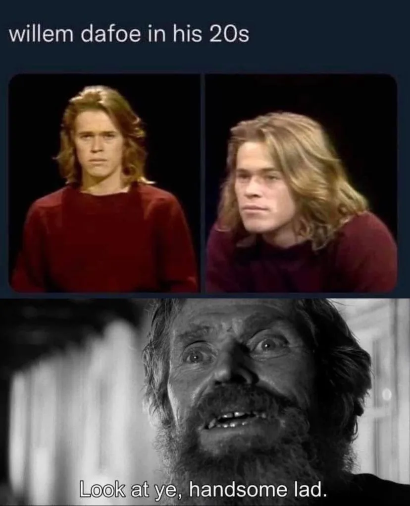 The image shows two side-by-side photos of a young Willem Dafoe with long hair and a serious expression, captioned 'willem…