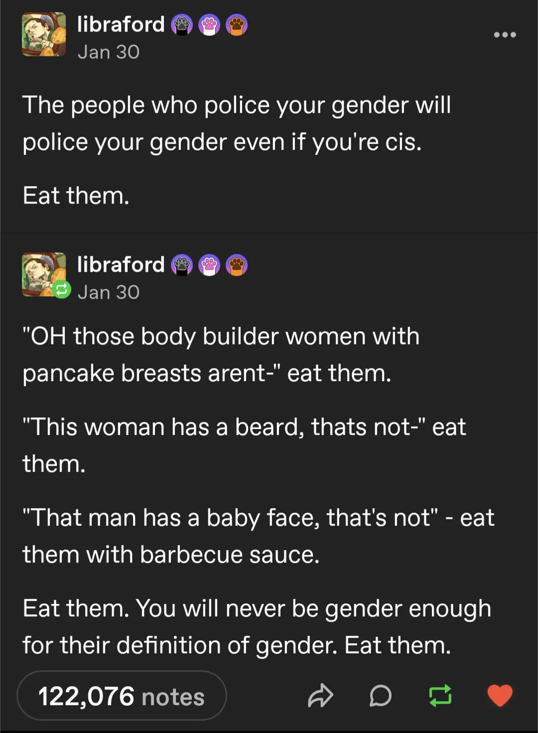 A screenshot of a Tumblr post by 'libraford' showing a dark-themed interface with white text. The post contains a series of…