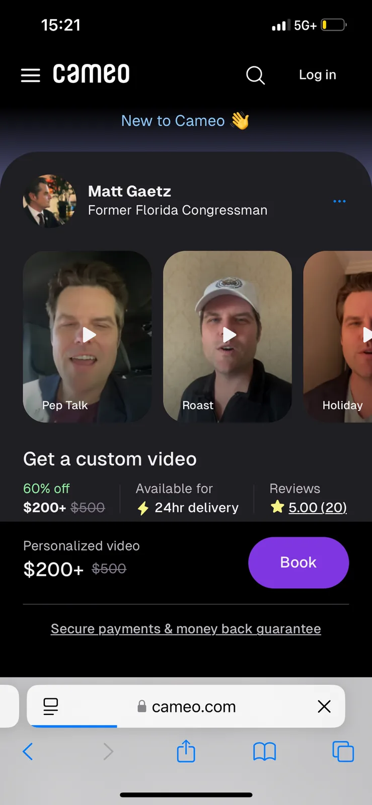 A screenshot of the Cameo app showing Matt Gaetz's profile as a former Florida Congressman, with video options labeled 'Pep…