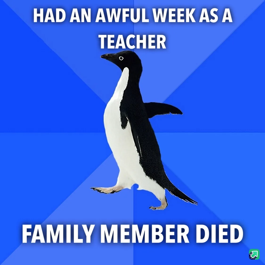 A black-and-white penguin stands against a blue geometric background, with white text at the top reading 'HAD AN AWFUL WEEK…