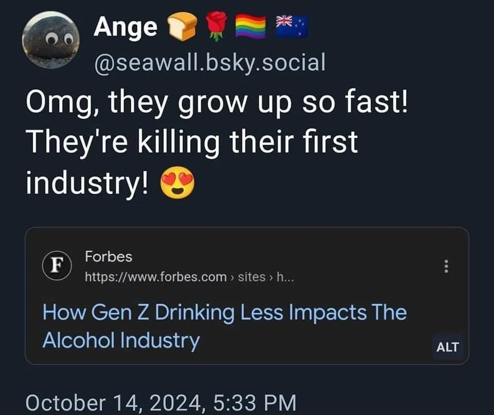 A screenshot of a social media post by 'Ange' with a dark background, showing a Forbes article titled 'How Gen Z Drinking…