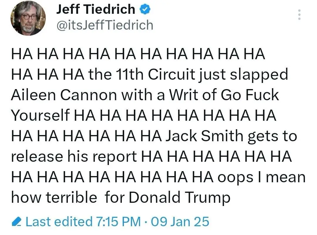 A screenshot of a tweet by Jeff Tiedrich shows a text-heavy post filled with 'HA HA HA' laughter interspersed with news…