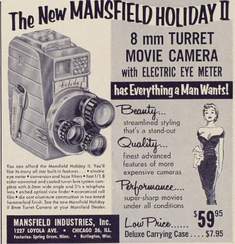 An old advertisement for the Mansfield Holiday II 8mm turret movie camera, featuring a vintage illustration of the camera…