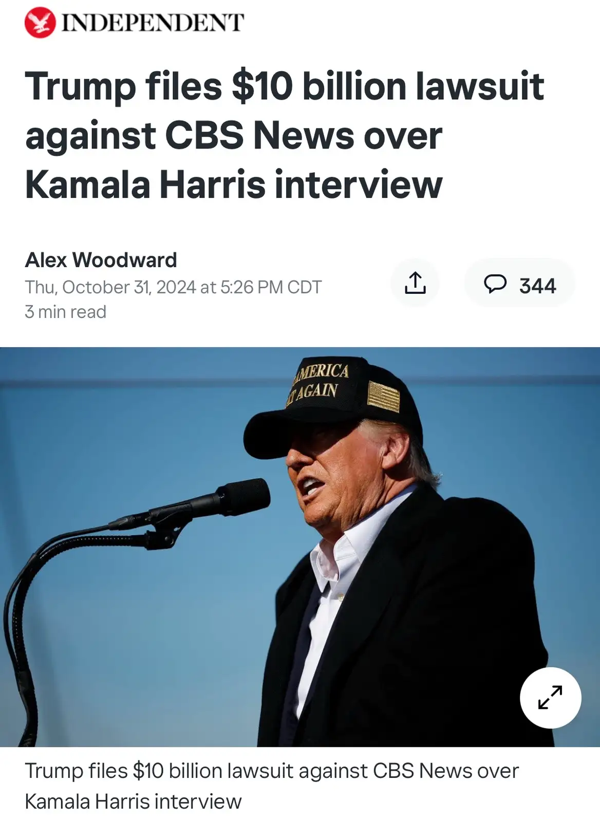 A screenshot of a news article from The Independent with the headline 'Trump files $10 billion lawsuit against CBS News over…