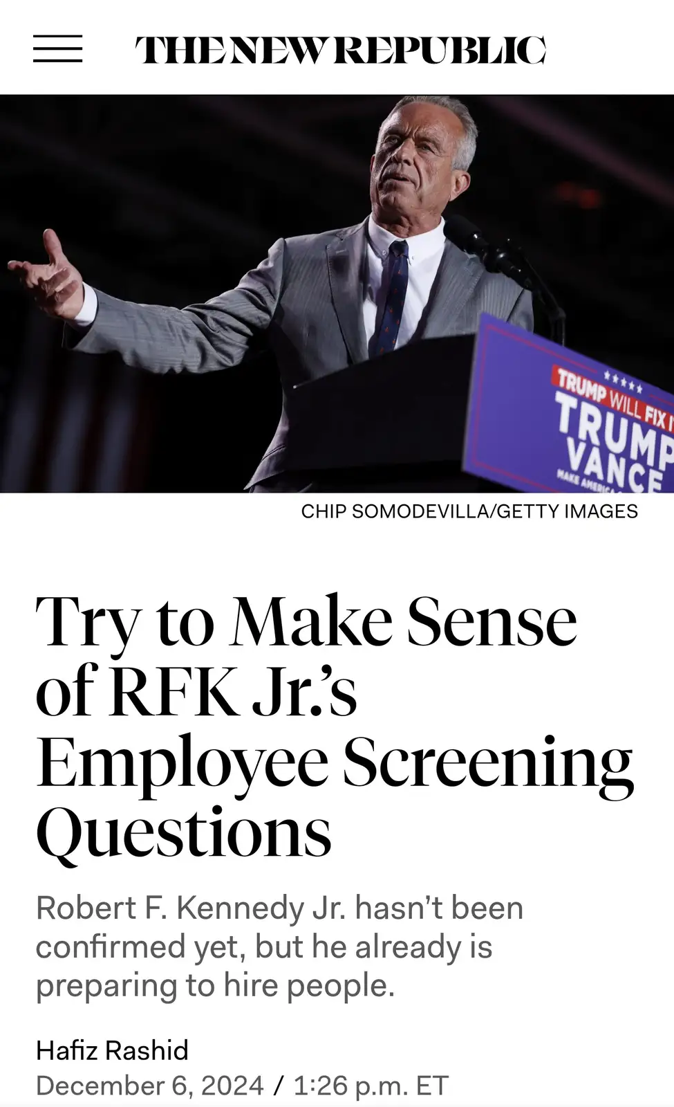 A screenshot of a The New Republic article headline featuring a photo of Robert F. Kennedy Jr. speaking at a podium with a…