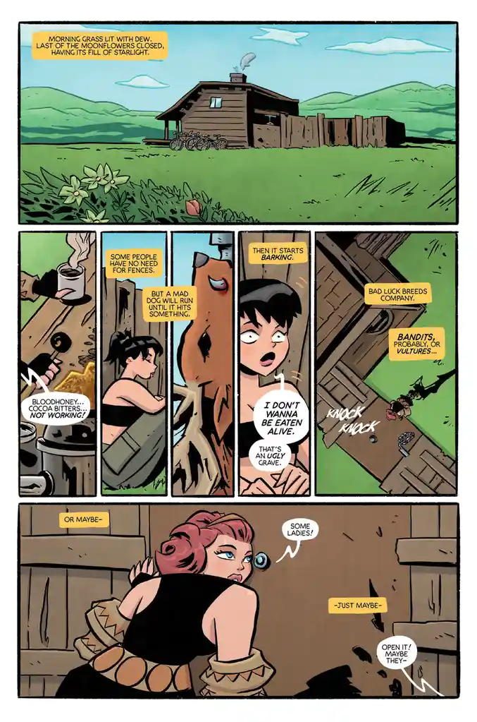 A comic strip depicts a character in a rustic wooden cabin, initially enjoying a peaceful morning with dew-lit grass and…