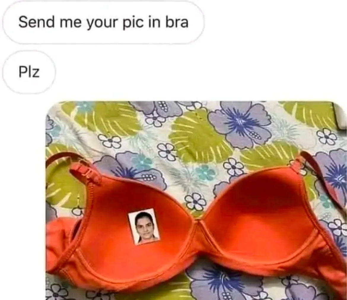 A screenshot of a text conversation where one person asks 'Send me your pic in bra' and the other replies 'Plz'. Below the…