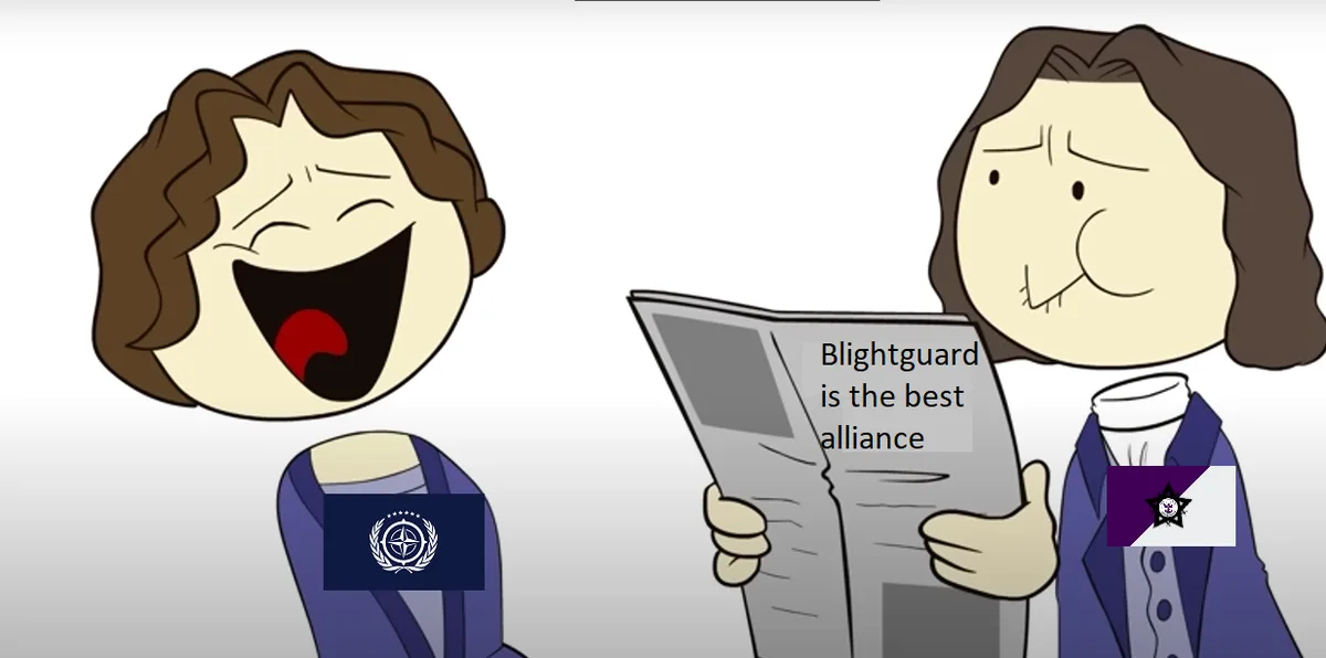 Two cartoon characters in blue robes, one laughing hysterically while the other reads a newspaper with the text 'Blightguard…