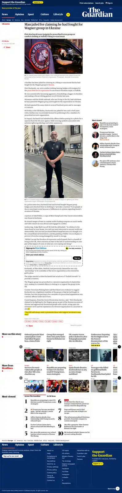 A screenshot of a Guardian news article about Piotr Kucharski, a man jailed for claiming he fought for the Wagner group in…