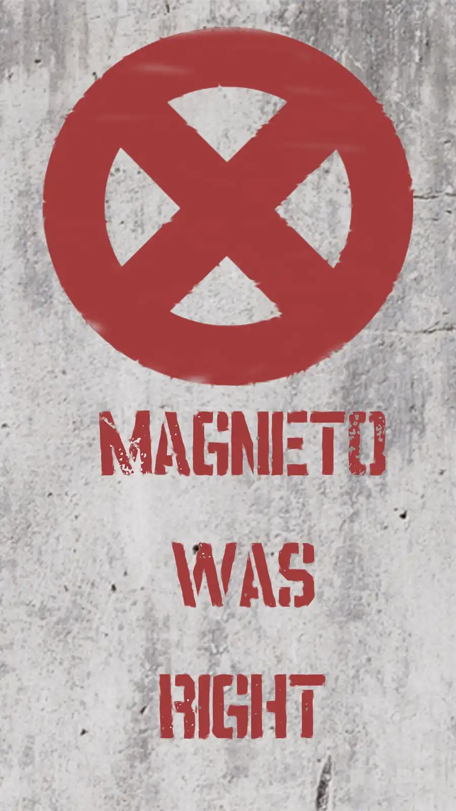 The image displays the red circular X-Men logo with a white 'X' symbol painted on a textured concrete wall. Below the logo…