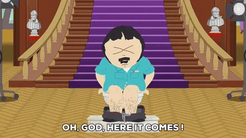 The image shows three identical panels of a cartoon character, Eric Cartman from South Park, sitting on a toilet in a grand…