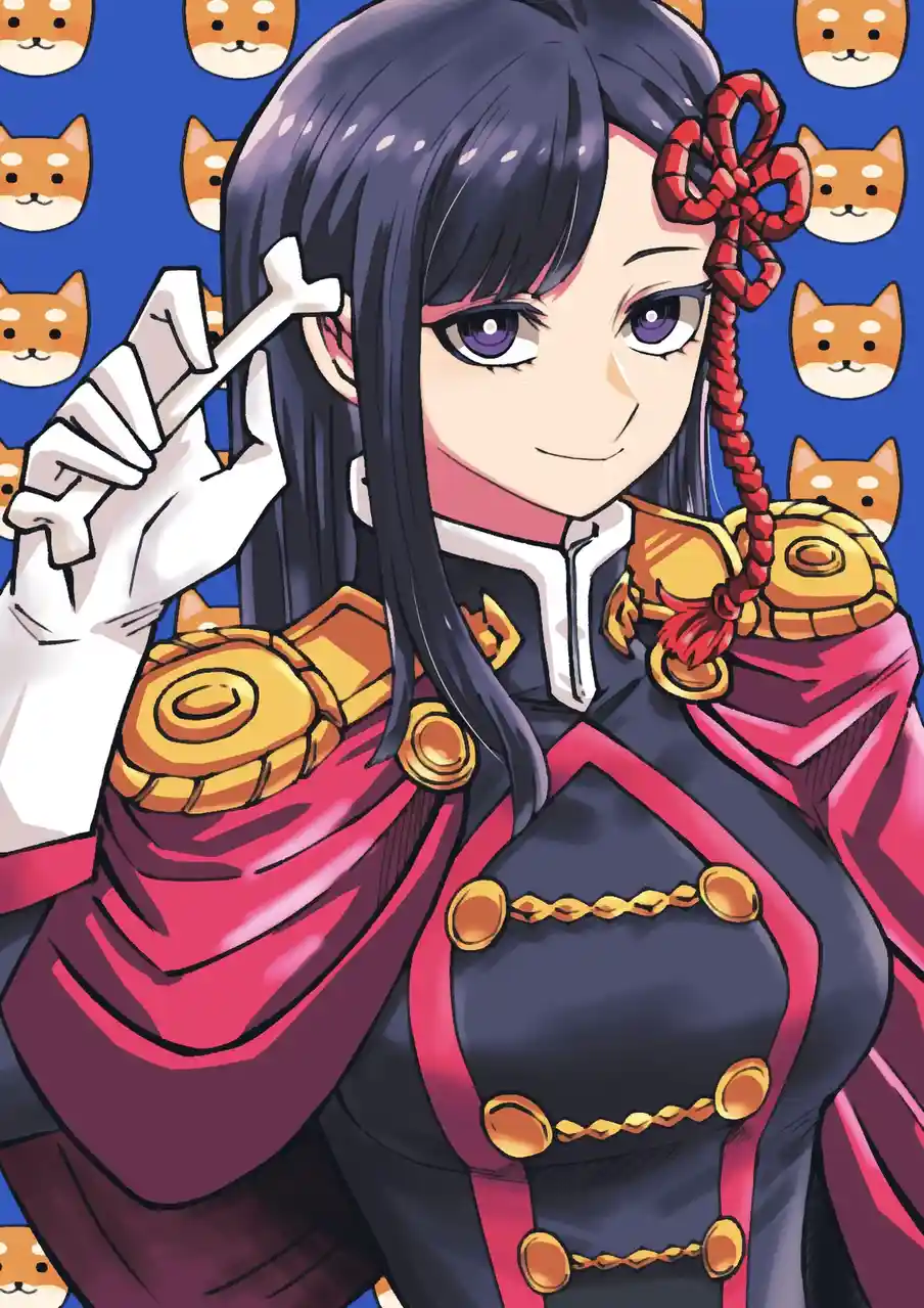 An anime-style illustration of a young woman with long black hair, purple eyes, and a red ribbon in her hair, wearing a dark…