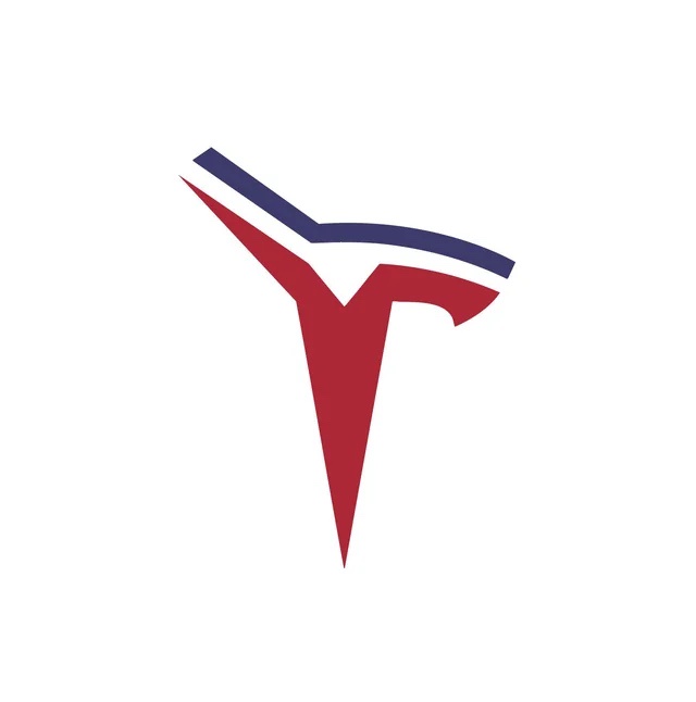 The image displays the stylized Tesla logo, featuring a red 'T' shape with a blue curved line above it, set against a plain…