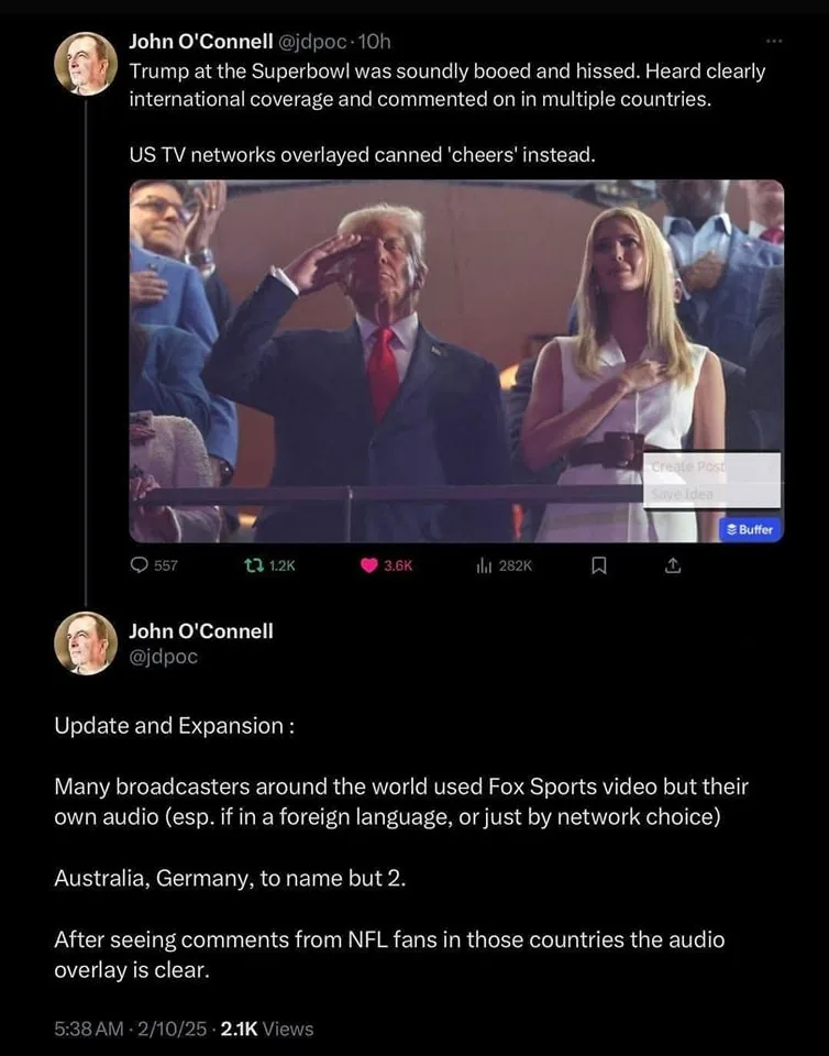 A screenshot of a tweet by John O'Connell showing a photo of Donald Trump saluting at the Super Bowl while Ivanka Trump…