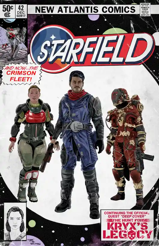 This image is a comic book cover parody titled 'Starfield' from 'New Atlantis Comics,' featuring three characters in sci-fi…
