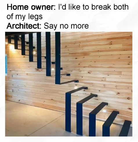 The image shows a modern staircase with black metal steps and handrails mounted on a light wood-paneled wall. The overlaid…