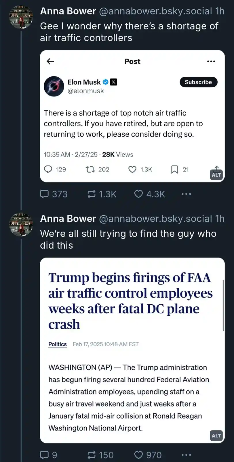 The image shows a social media post by Anna Bower, who first comments on a fake tweet attributed to Elon Musk that says…