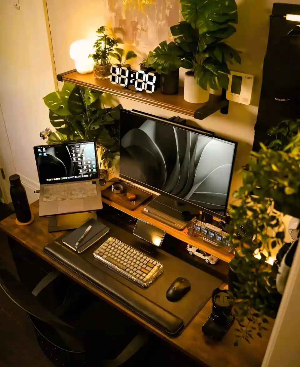 A cozy, well-lit home office desk features a laptop and large monitor displaying abstract wallpapers, surrounded by lush…
