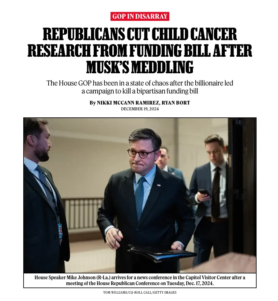 A newspaper-style headline overlaying a photo of House Speaker Mike Johnson walking with a folder, captioned 'GOP IN…