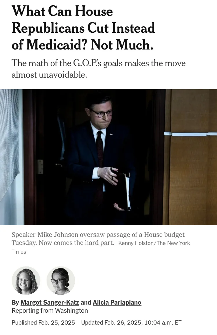 A screenshot of a New York Times article with a photo of Speaker Mike Johnson looking downcast while holding a folder. The…