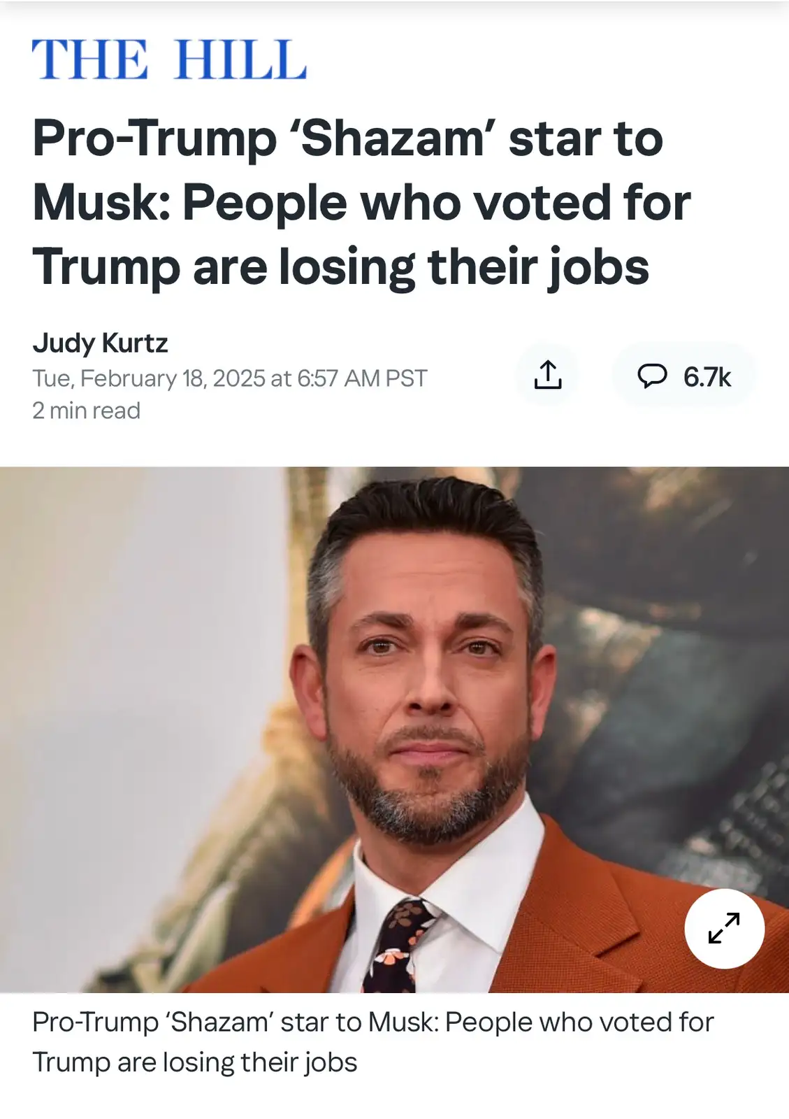 The image displays a screenshot of a news article from 'THE HILL' with the headline 'Pro-Trump ‘Shazam’ star to Musk: People…