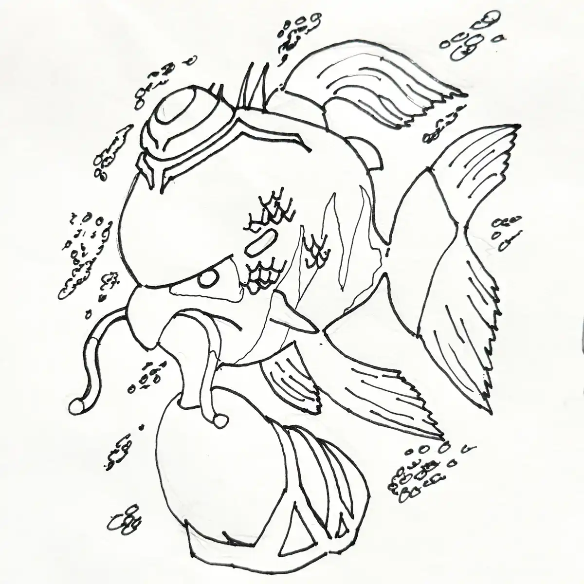 A black-and-white line drawing shows a cartoonish fish with a human-like face, wearing goggles and a snorkel, surrounded by…